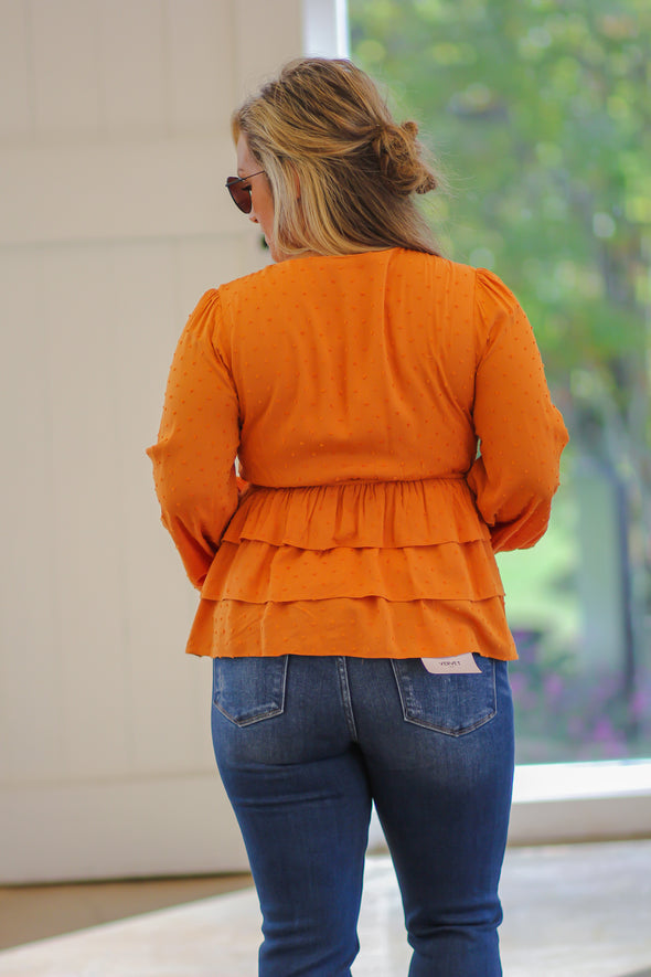 Orange Swiss Dot Tiered Blouse