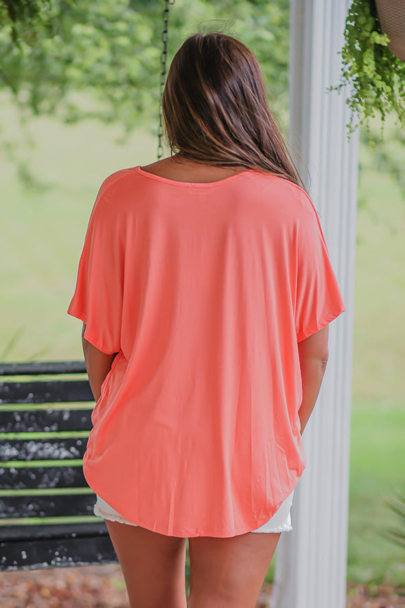 Bright Coral Surplice Knit Short Sleeve Top