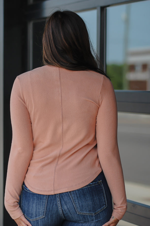 Dusty Blush Cozy Ribbed Henley Pocket Top