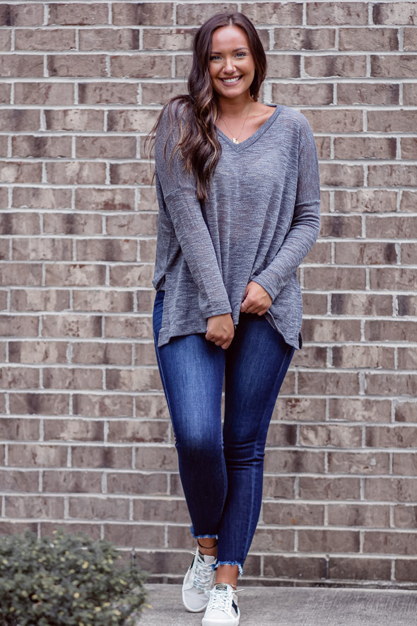 Charcoal Slub Knit Long Sleeve V Neck Top