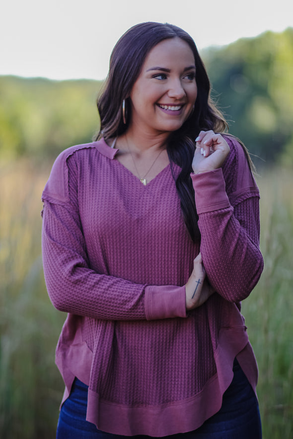 Mauve Waffle Knit Contrast Stitch Long Sleeve Top