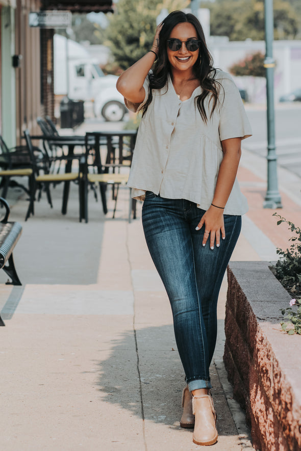 Taupe Button Down Embroidered Blouse