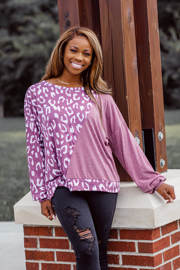 Sangria & Ivory Leopard Color Block Long Sleeve Top