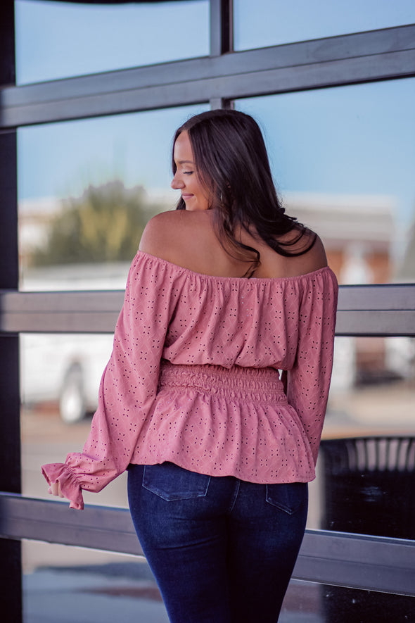 Rose Eyelet Knit Smocked Waist Top