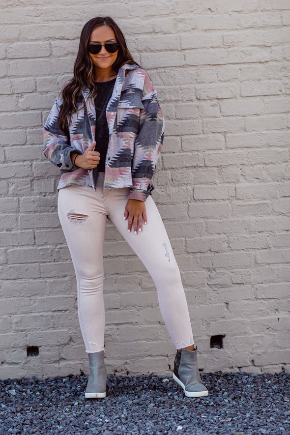 Pink & Charcoal Aztec Button Down Jacket