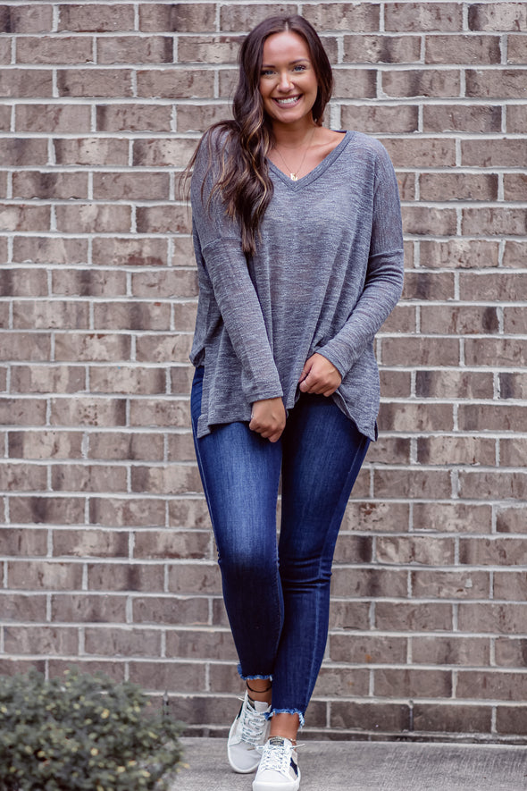 Charcoal Slub Knit Long Sleeve V Neck Top