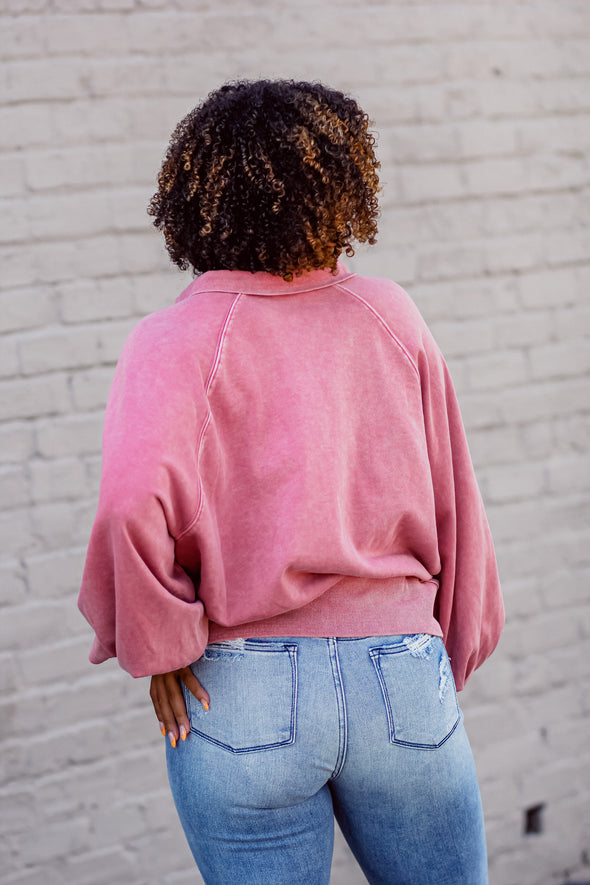 Mauve Washed Collared Henley Pullover