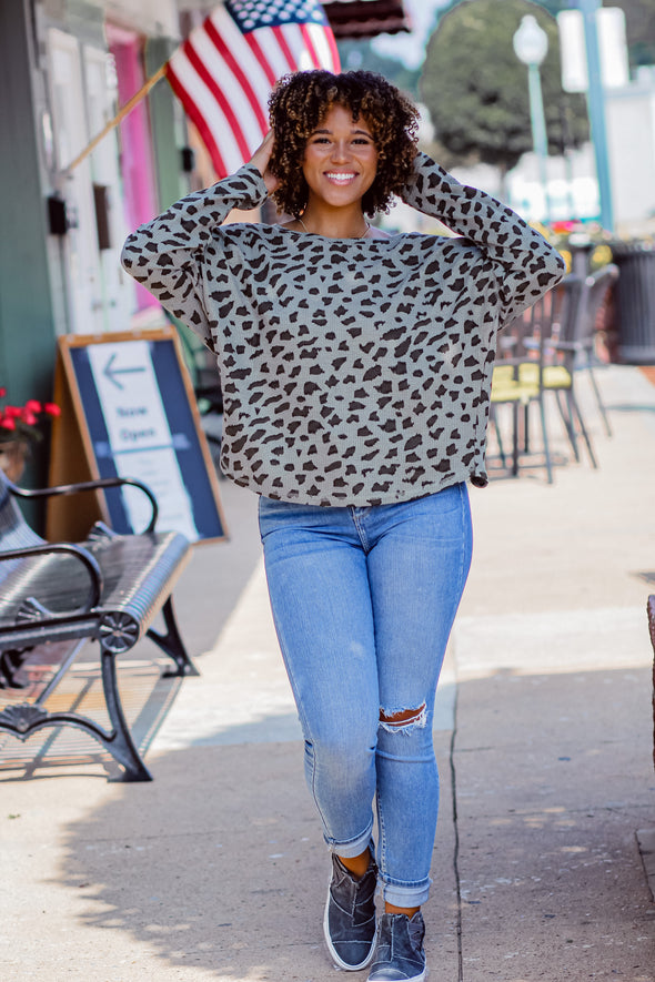 Olive Leopard Thermal Knit Dolman Sleeve Top