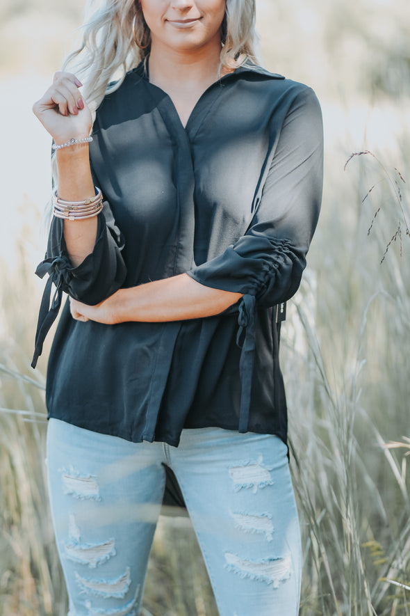 Black Tie Sleeve Button Down Blouse