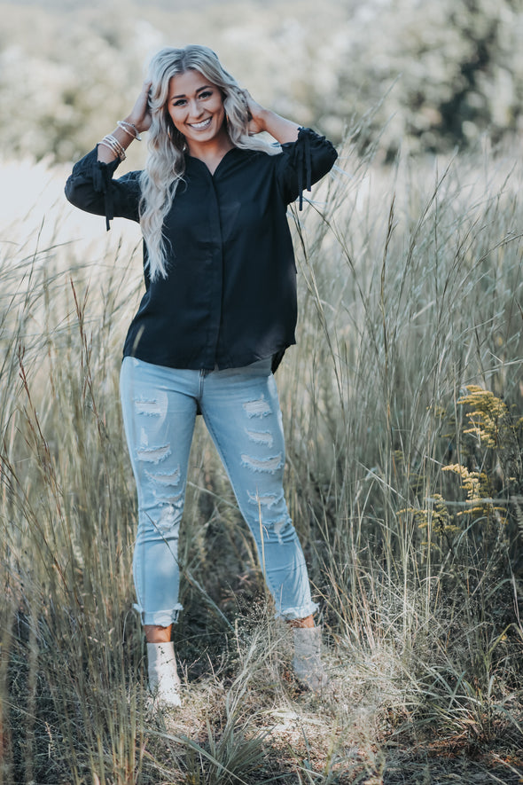 Black Tie Sleeve Button Down Blouse