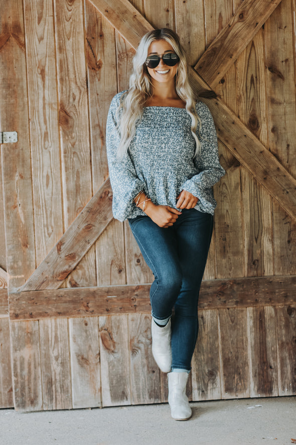 Dusty Blue Ditsy Floral Smocked Top