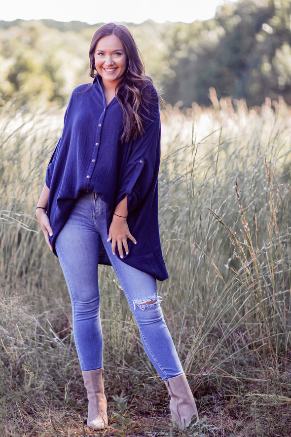 Navy Button Down Gauze Tunic