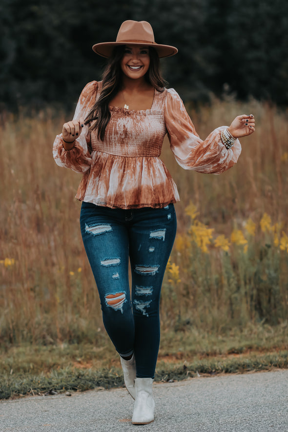 Rose Shimmer Tie Dye Smocked Blouse