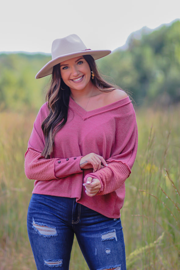 Marsala Waffle Knit Contrast V Neck Top