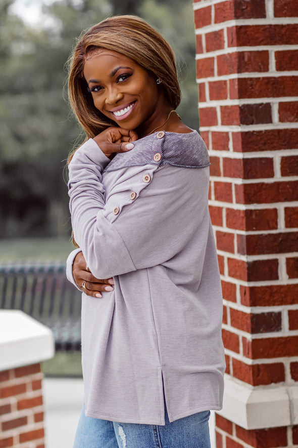 Dusty Lavender Button Detail Boat Neck Top In Regular & Curvy