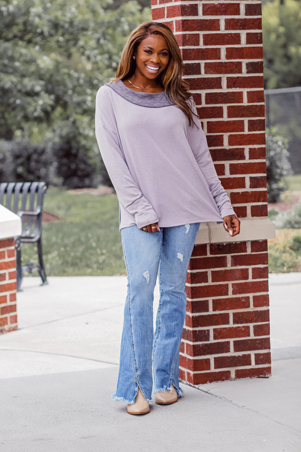 Dusty Lavender Button Detail Boat Neck Top In Regular & Curvy