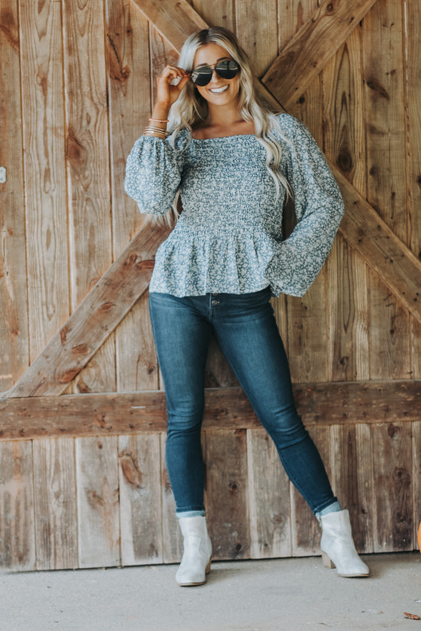 Dusty Blue Ditsy Floral Smocked Top