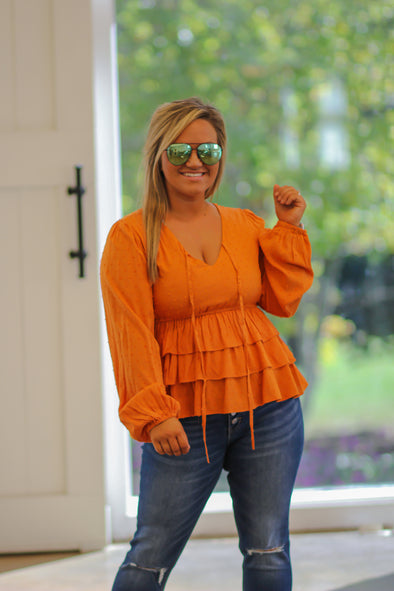 Orange Swiss Dot Tiered Blouse