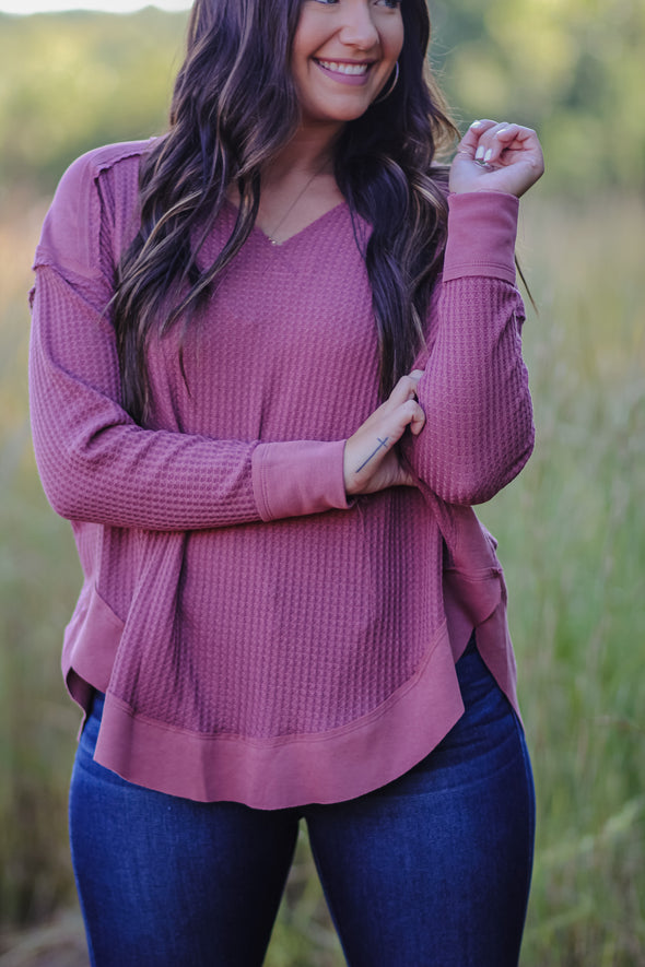 Mauve Waffle Knit Contrast Stitch Long Sleeve Top