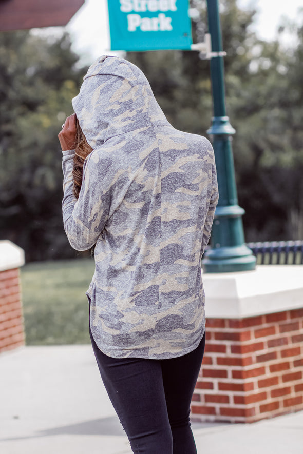 Camo Burnout V Neck Hoodie Top