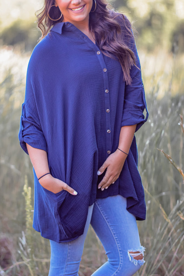 Navy Button Down Gauze Tunic