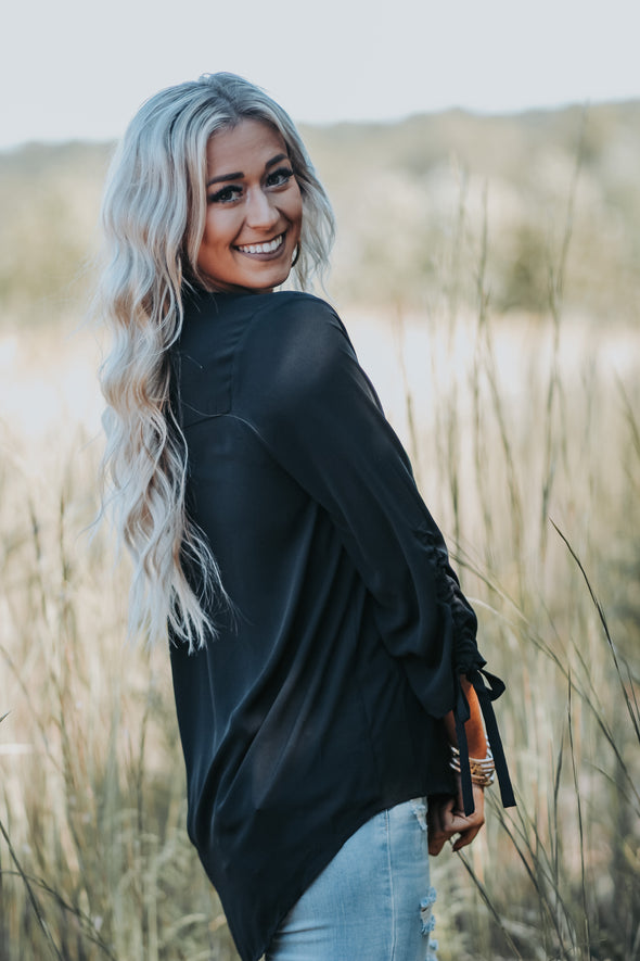 Black Tie Sleeve Button Down Blouse