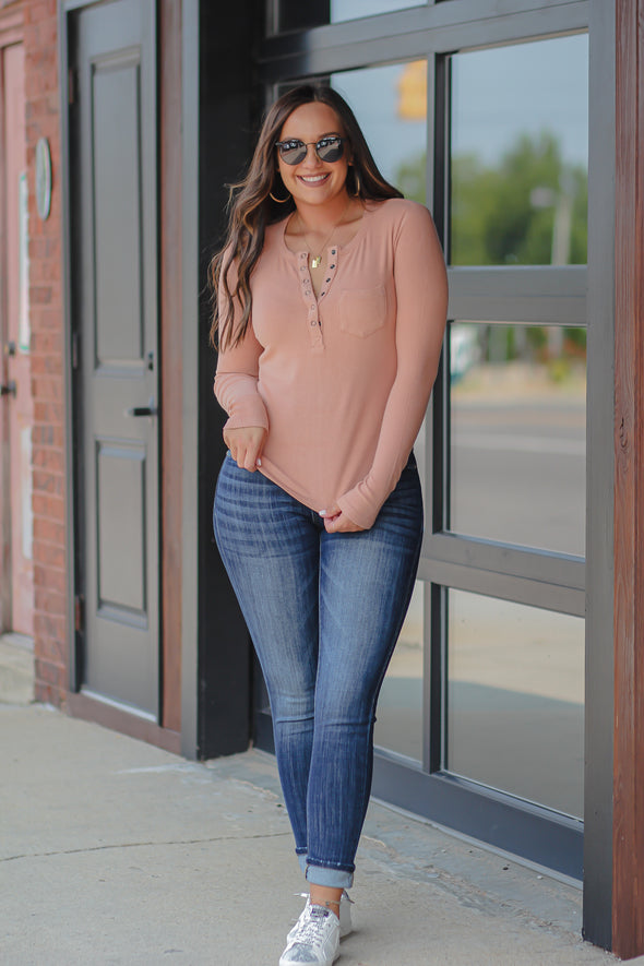 Dusty Blush Cozy Ribbed Henley Pocket Top