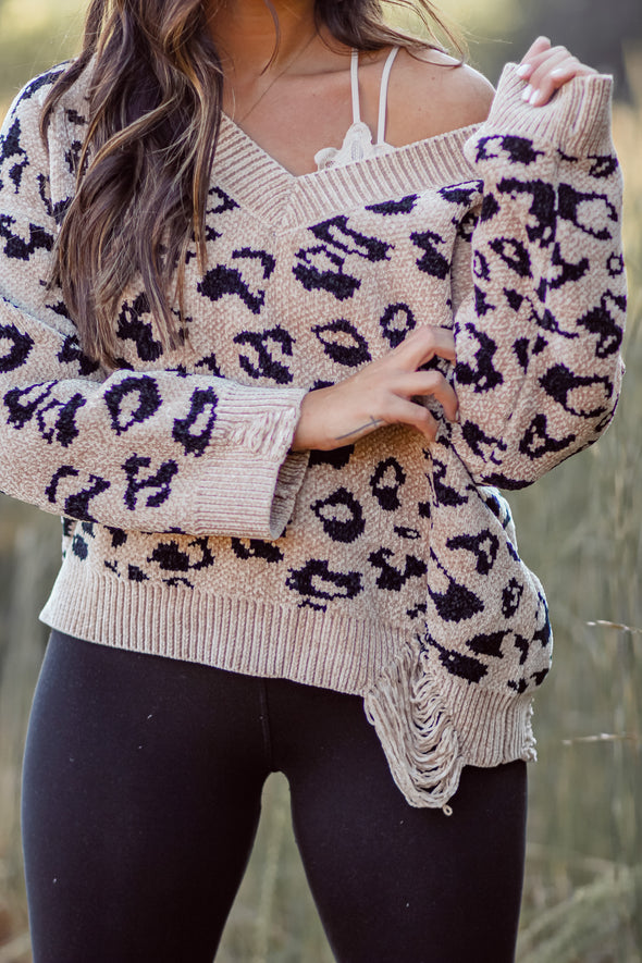 Tan Leopard Chenille Knit Distressed Sweater