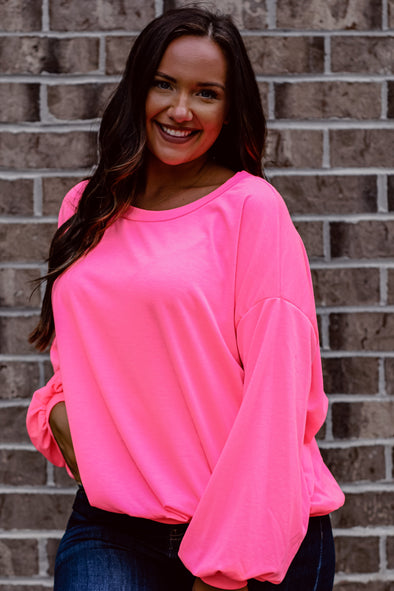 Neon Pink French Terry Knit Long Sleeve Top