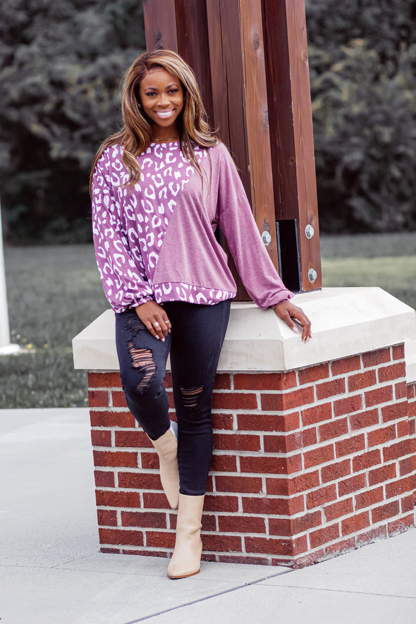 Sangria & Ivory Leopard Color Block Long Sleeve Top