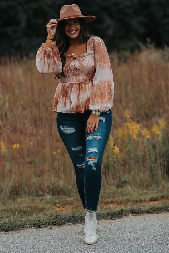 Rose Shimmer Tie Dye Smocked Blouse