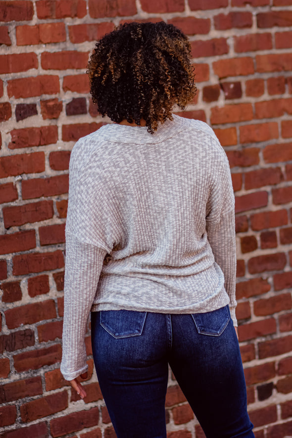 Heather Grey Front Pocket V Neck Sweater Top