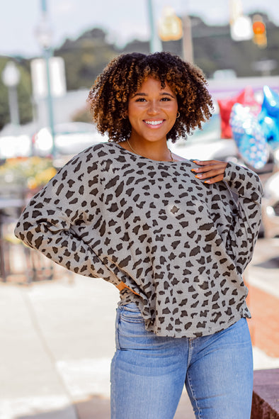 Olive Leopard Thermal Knit Dolman Sleeve Top