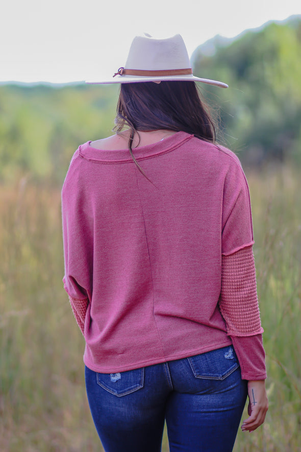 Marsala Waffle Knit Contrast V Neck Top