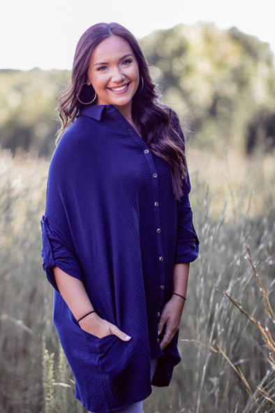 Navy Button Down Gauze Tunic