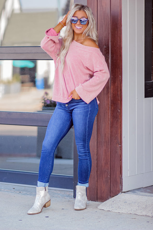 Rose Waffle Knit Off Shoulder Bell Sleeve Top