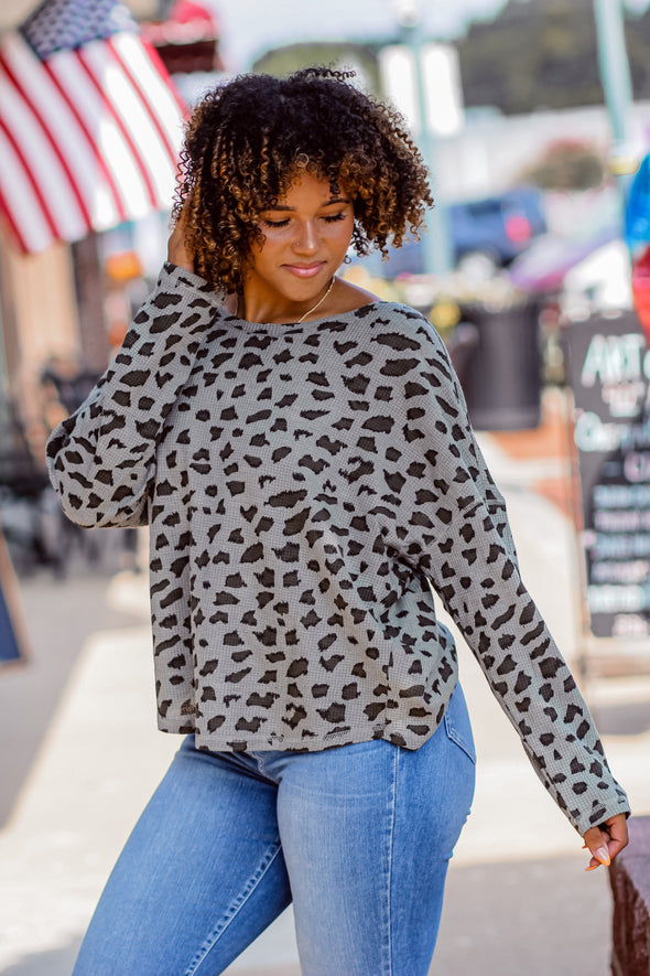 Olive Leopard Thermal Knit Dolman Sleeve Top