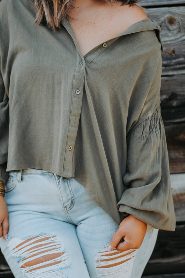 Curvy Olive Button Down Balloon Sleeve Top
