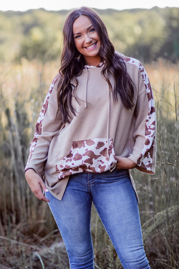 Taupe & Cow Contrast Brushed Knit Hooded Tunic