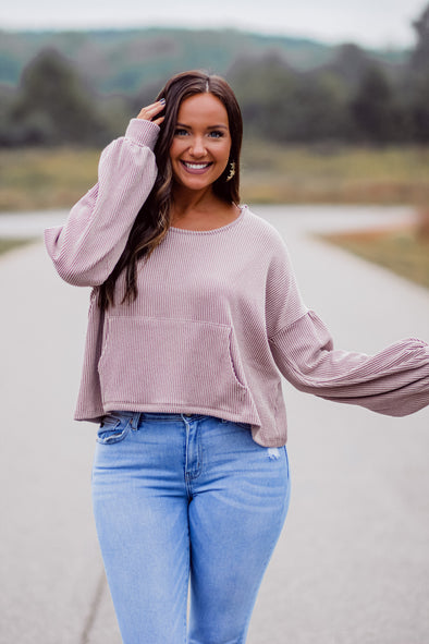 Dusty Taupe Ribbed Knit Hoodie Top