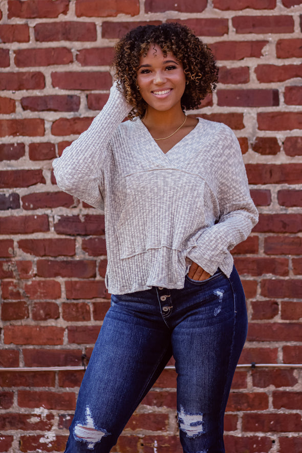 Heather Grey Front Pocket V Neck Sweater Top