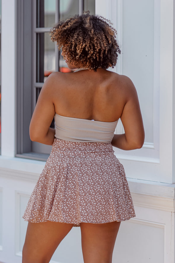 Tan & Ivory Floral Mini Skirt