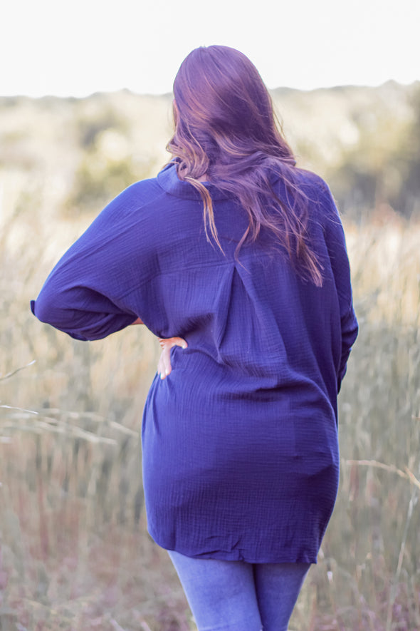 Navy Button Down Gauze Tunic