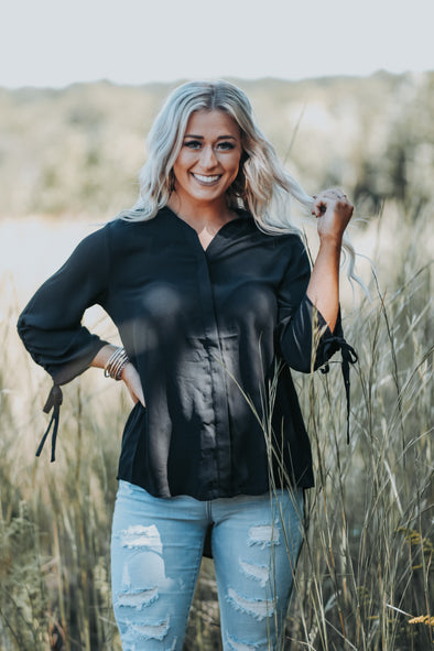 Black Tie Sleeve Button Down Blouse