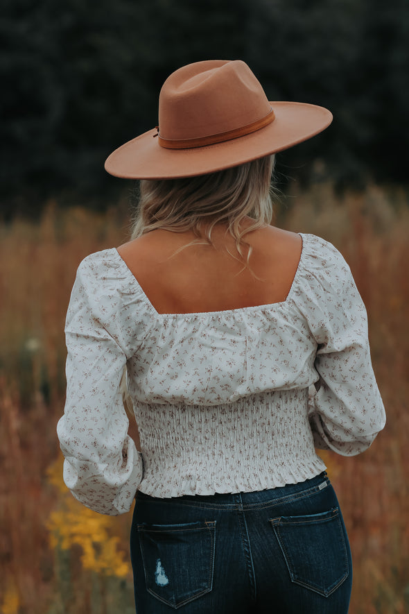 Cream Floral Smocked Detail Tie Front Top