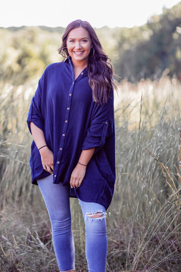 Navy Button Down Gauze Tunic