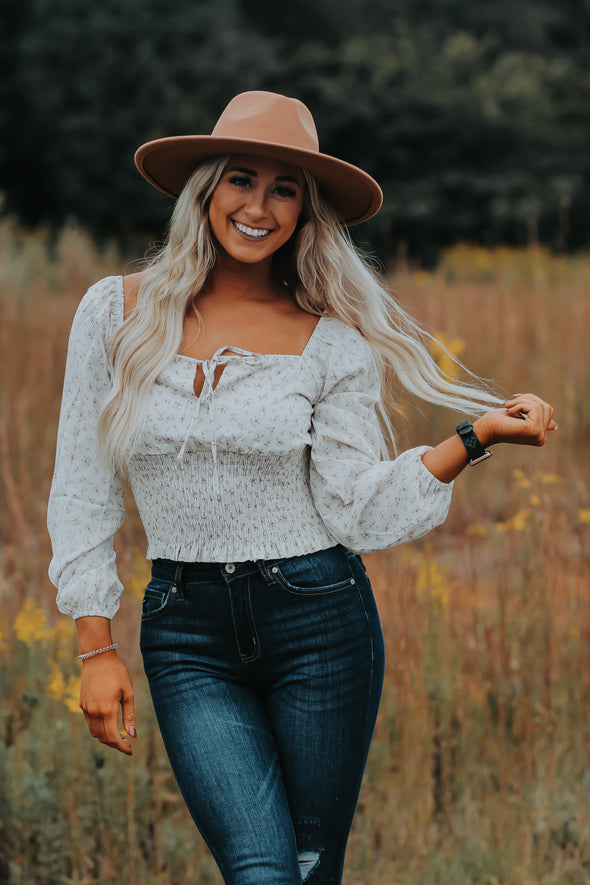 Cream Floral Smocked Detail Tie Front Top