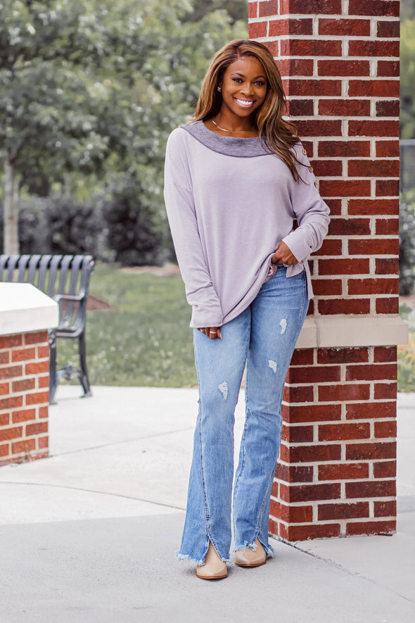 Dusty Lavender Button Detail Boat Neck Top In Regular & Curvy