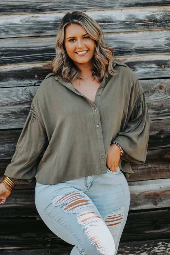 Curvy Olive Button Down Balloon Sleeve Top