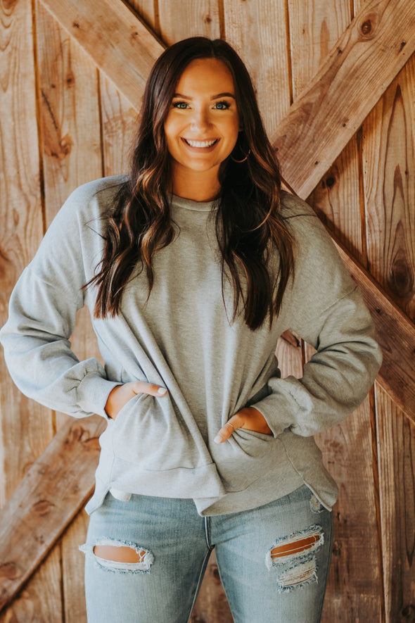 Heather Grey Bubble Sleeve Side Pocket Pullover In Regular & Curvy